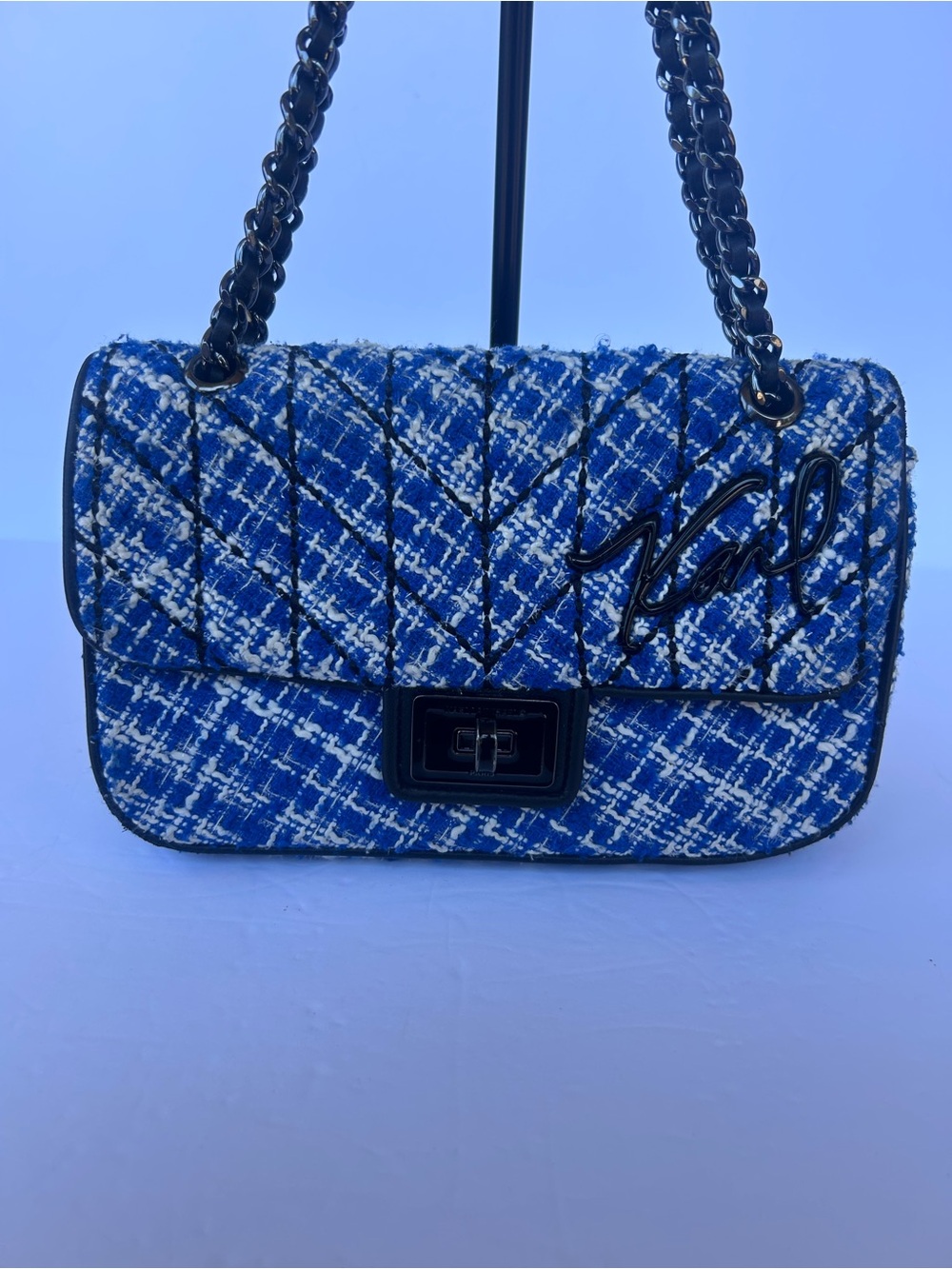 Karl Lagerfeld Paris Blue Tweed Quilted Chain Strap Shoulder Bag